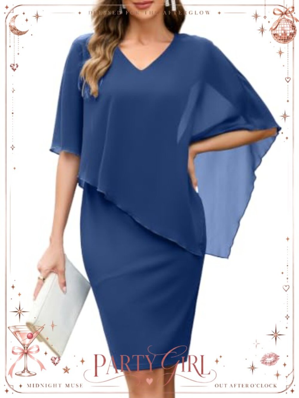 Chiffon Cape Overlay V Neck Bodycon Midi Cocktail Dress